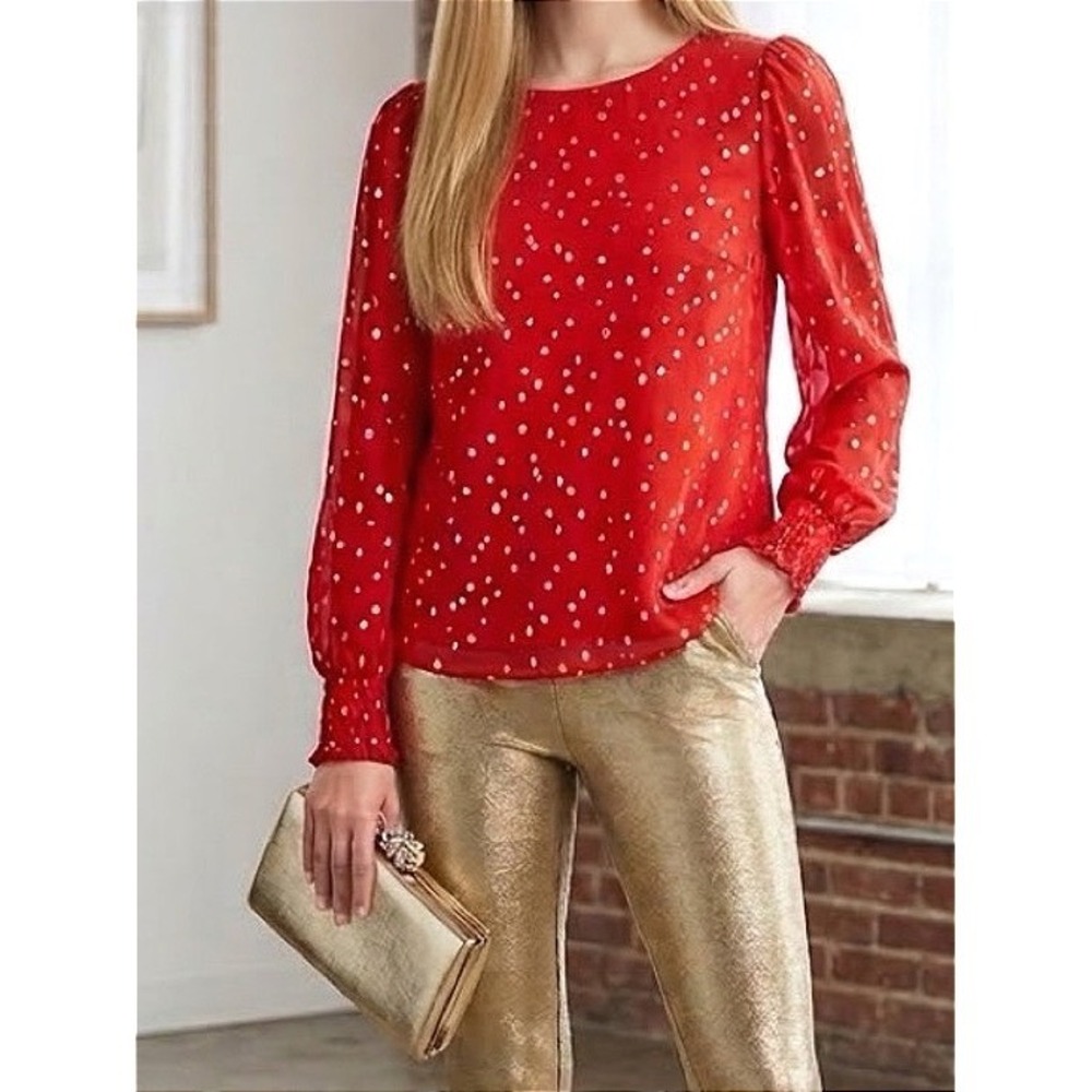 Lilly Pulitzer Idina Silk Top Ruby Red Gold Metallic Dot Blouse XS‎ RN88189